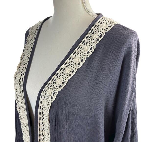Weavers Open Front Cardigan Women Size S Gray Cream Fringe Crochet Boho Kimono - Picture 2 of 12